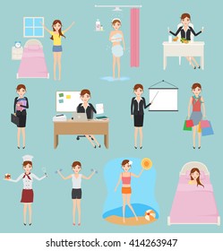 Daily routine of business people office character. Woman character.