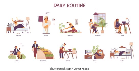 Daily routine of business woman character, flat vector illustration isolated on white background. Woman lifestyle scenes collection and everyday chores and cases.