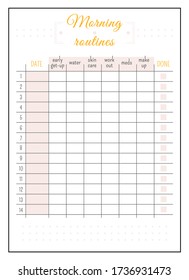 Daily routine calendar minimalist planner page design. Morning list with cute pink boxes. Self improvement. Habit tracker bullet journal printable sheet. Personal organizer. Notebook vector template