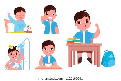 The daily routine of the child is a boy. Going back to school. Wake up and brushes teeth, takes a shower and eat has breakfast. Vector cartoon illustration 