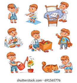 Daily routine. Child is combing his hair. Boy washes dishes. Kid is putting his toys in a box. Child makes bed. Kid himself clothes. Boy doing fitness exercise. Baby feeds a pet. Watering flowers. Set