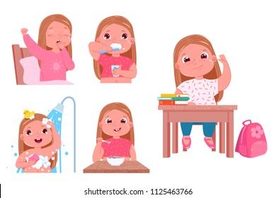 The daily routine of the child is a girl. Going back to school. Wake up and brushes teeth, takes a shower and eat has breakfast. Vector cartoon illustration 