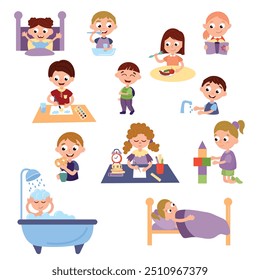 Daily routine for a child. Kids Taking Bath, Brushing Teeth and Washing Hands.