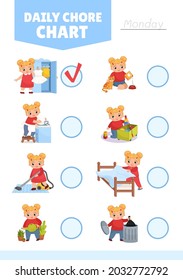 Daily Routine Chore Chart. Cute Little Girl Is Doing Household Chores. Illustration In Cartoon Style.