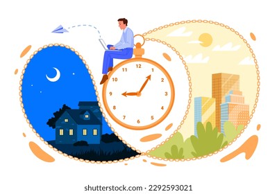 Daily routine and circadian rhythm balance of person vector illustration. Cartoon tiny man working with laptop, sitting on big retro clock with dial and chain, day and night scenes change inside