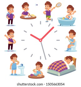 Daily routine clocks. Daily routine clocks. Schedule of happy boy life from morning breakfast at home eating school to sleep clock isolated vector funny children health activity watches with arrow