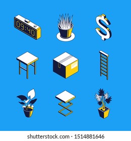 Daily routine - colorful vector isometric icons set. Alarm clock, time and money idea, dollar sign 3d thin line objects. Interior plants, chairs. Contour cardboard box, parcel isolated outline images