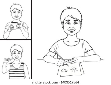 Daily routine. Coloring page outline of cartoon boy. Coloring book for kids. Guy drinking tea. Boy in class. Boy brushing his teeth. Daily routine. Vector illustration