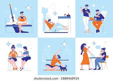 Daily routine concept 6 flat compositions with men women home in cafe chatting messaging exercising vector illustration