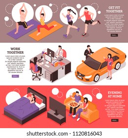 Daily routine for couple isometric horizontal banners fitness and work together evening at home isolated vector illustration