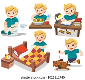 The daily routine of A cute boy on a white background.[wake up, take a shower, Drawing, Play guitar, run]. Isolated vector