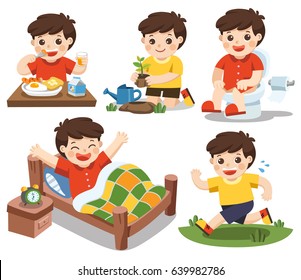 The daily routine of a cute boy on a white background. [wake up, eat , sitting on the toilet, running, plant a tree]