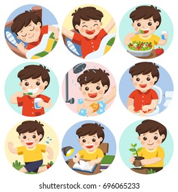 The daily routine of a cute boy on a white background. [sleep, brush teeth, take a bath, eat, wake up, draw a picture, sitting on the toilet, running, plant a tree]. Isolated vector