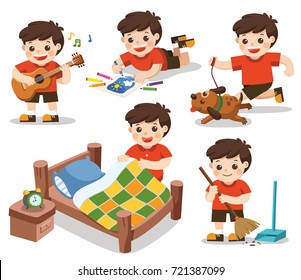 The daily routine of A cute boy on a white background.Isolated vector.
[Make a bed, Do homework , Drawing, Play guitar, Run with his dog, Clean]