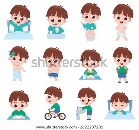 Daily Routine of a Cute Cartoon Boy – Fun and Educational Illustration Set