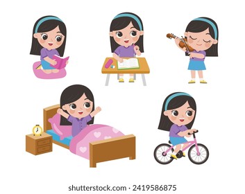 The daily routine of a cute Girl on a white background. [wake up, read , learn, play violin and Ride a bicycle ]