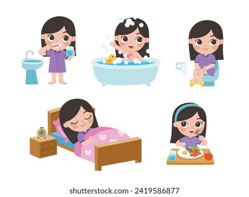 The daily routine of a cute girl on a white background. [ sleep, brush teeth, take a bath, sit on the toilet and eat breakfast ].