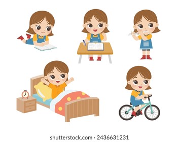 The daily routine of a cute Girl on a white background. [wake up, read , learn, play the flute and Ride a bicycle ]