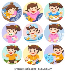 The daily routine of a cute girl on a white background. [sleep, brush teeth, take a bath, eat, saving money, wake up, draw a picture, sitting on the toilet, running]. Isolated vector