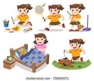 The daily routine of A cute girl on a white background.Isolated vector. [Make a bed, Do homework , Drawing, Play badminton, Run with his dog, Clean]