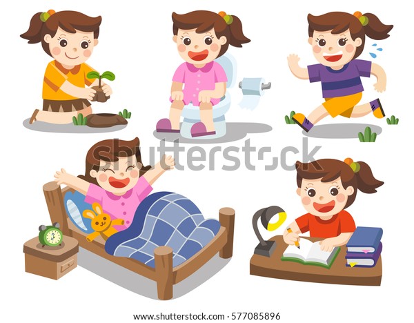 Daily Routine Cute Girl On White Stock Vector (Royalty Free) 577085896