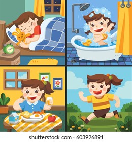 The daily routine of a cute girl. [sleep, take a bath, eat, running]