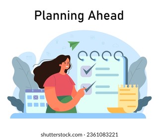 Daily routine. Female character planning or checking task, appointment or assignment in a planner. Daily time table organization. Flat vector illustration