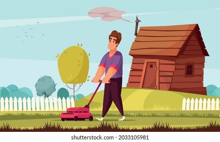 Daily routine flat background with man mowing lawn near his suburban house cartoon vector illustration