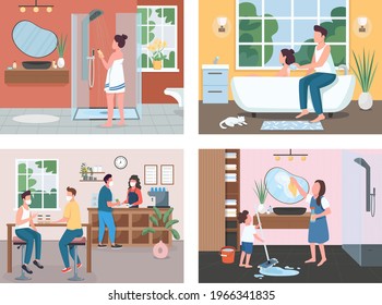 Daily routine flat color vector illustration set. Cleaning apartment. Taking bath. Family and friends 2D cartoon characters with home and coffee shop interior on background collection