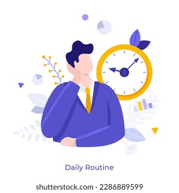 Daily Routine flat concept vector illustration. Bored office employee waiting for shift end. Businessman cartoon character on white background. Creative idea for website, mobile and presentation