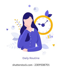 Daily Routine flat concept vector illustration. Bored office employee waiting for shift end. Businesswoman cartoon character on white background. Creative idea for website, mobile and presentation