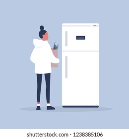 Daily routine. Grocery shopping. Young female character putting the groceries into the refrigerator. Flat editable vector illustration, clip art