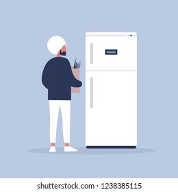 Daily routine. Grocery shopping. Young indian character putting the groceries into the refrigerator. Flat editable vector illustration, clip art