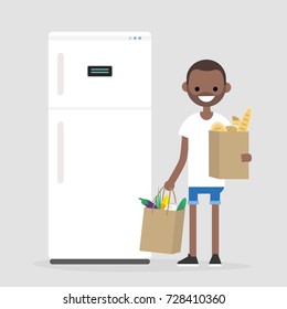 Daily routine. Grocery shopping. Young character holding the paper bags full of fruits, vegetables and bakery products. Flat editable vector illustration, clip art