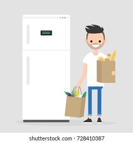 Daily routine. Grocery shopping. Young character holding the paper bags full of fruits, vegetables and bakery products. Flat editable vector illustration, clip art