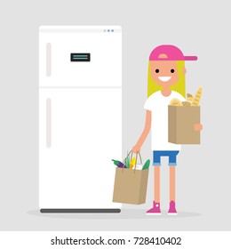 Daily routine. Grocery shopping. Young character holding the paper bags full of fruits, vegetables and bakery products. Flat editable vector illustration, clip art