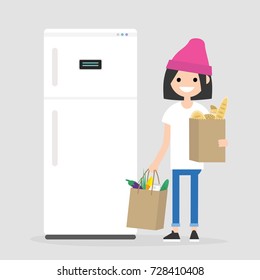 Daily routine. Grocery shopping. Young character holding the paper bags full of fruits, vegetables and bakery products. Flat editable vector illustration, clip art