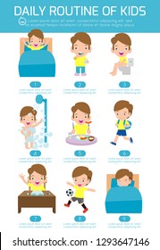 daily routine of happy kids. infographic element. Health and hygiene, daily routines for children, Vector Illustration.