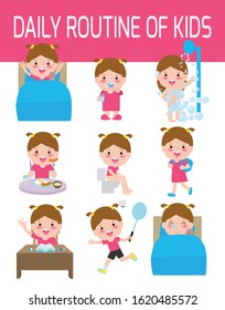 daily routine, daily routine of happy kids . infographic element. Health and hygiene, daily routines for children, Vector Illustration.