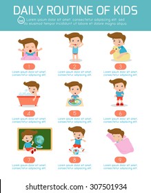 daily routine of happy kids . infographic element. Health and hygiene, daily routines for kids, Vector Illustration.