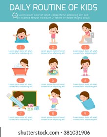 daily routine, daily routine of happy kids . infographic element. Health and hygiene, daily routines for kids, Vector Illustration.