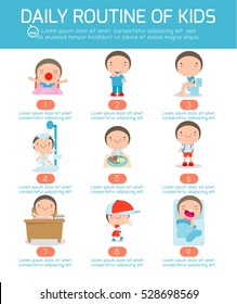 daily routine of happy kids. infographic element. Health and hygiene, daily routines for children, Vector Illustration.