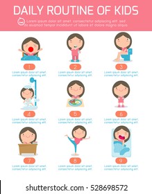 daily routine, daily routine of happy kids . infographic element. Health and hygiene, daily routines for children, Vector Illustration.