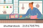 Daily routine of housewife vector illustration. Woman listens to podcast, news or music. Lady spends time in kitchen with radio. Girl listening to music on radio during cooking or cleaning home
