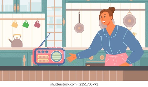 Daily routine of housewife vector illustration. Woman listens to podcast, news or music. Lady spends time in kitchen with radio. Girl listening to music on radio during cooking or cleaning home