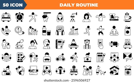 Daily Routine icon set. Containing routine, bedtime, saving,and more. Duotone vector icons collection.