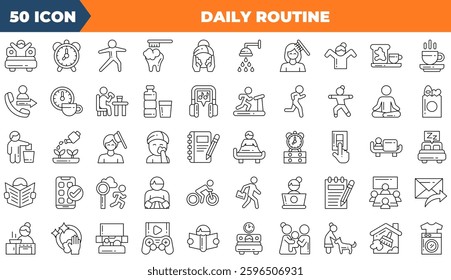 Daily Routine icon set. Containing routine, bedtime, saving,and more. Line vector icons collection.