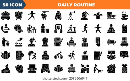 Daily Routine icon set. Containing routine, bedtime, saving,and more. Solid vector icons collection.