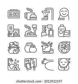 Daily routine icon set. Healthy living activity concept. Wake up, breakfast, shower, work, exercise, meditate, and more. Vector illustration, outline style, editable stroke. 