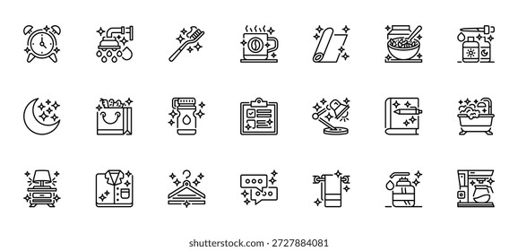 Icono de línea de conjunto de iconos de rutina diaria, símbolo de esquema para el hábito matutino, planificación de horarios, actividad de estilo de vida, gestión de tareas y vida saludable. Icono de signo de Vector.
